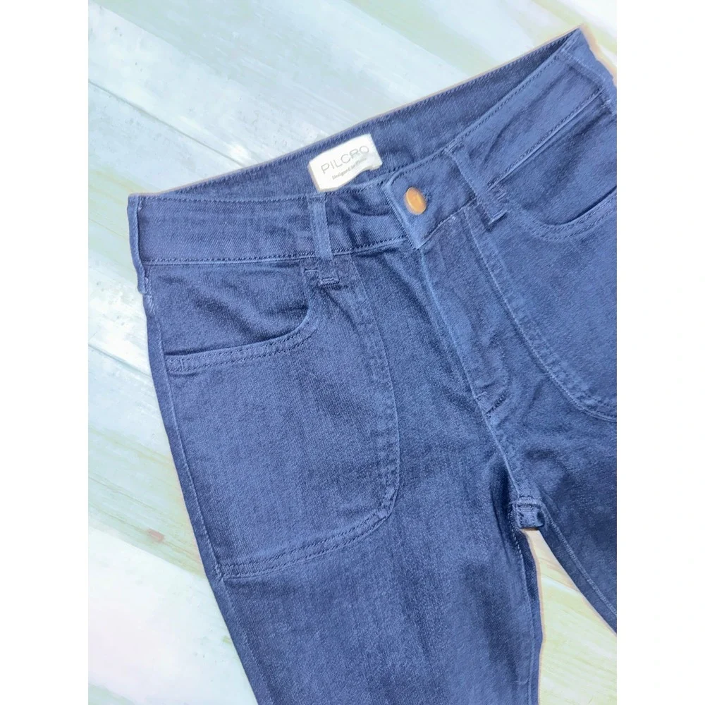 Pilcro Flare Jeans Women Dark Wash Navy Front Patch Pockets 27/R